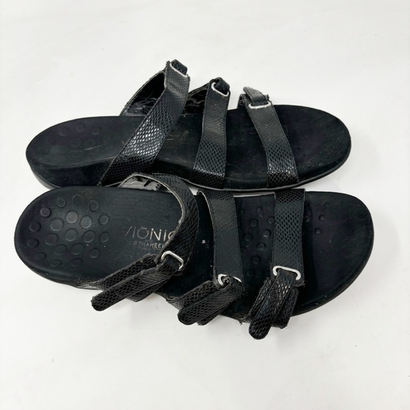 VIONIC Women’s Black Snake Skin AUBREY 3 Strap Sandals Orthoheel Technology Sz 9 - Picture 3 of 11